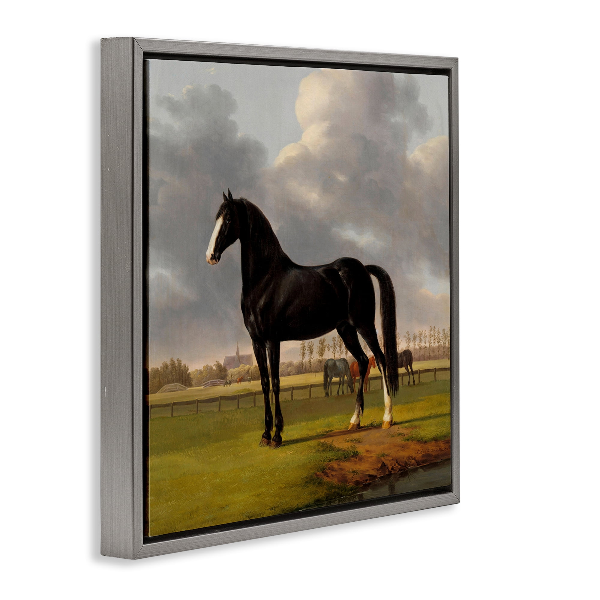 Stupell Industries Classic Black Stallion Animals Painting Gray Floater Framed Canvas Art Print Wall Art, 18 x 18