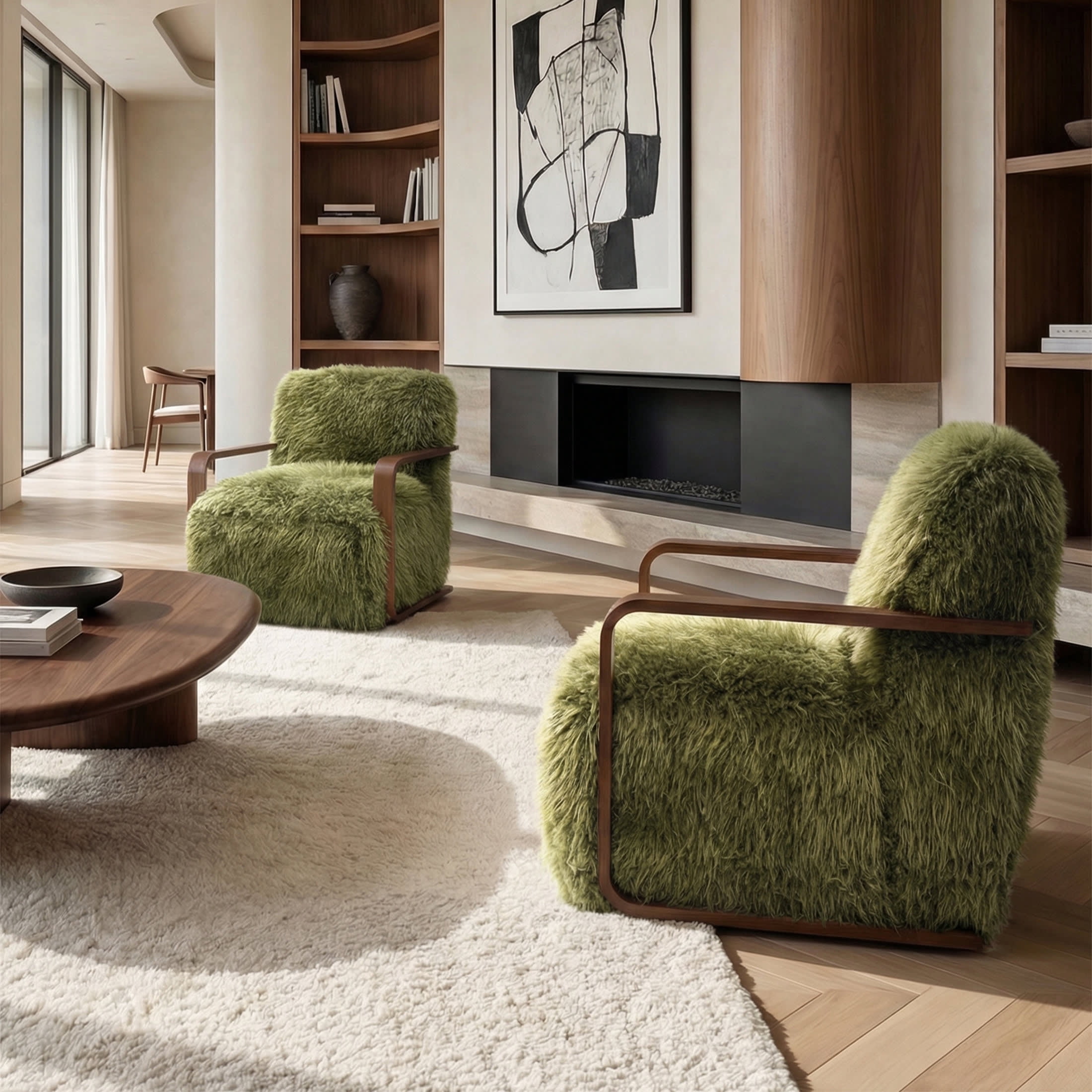 Aenkyo Yeti Contemporary Faux Fur Accent Chair with Dark Walnut Wood Arms, Green