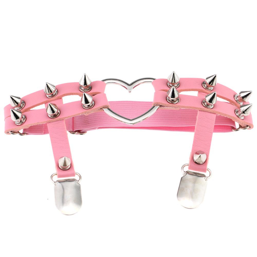 Rinhoo Trade 1x Women Leather Double Strap Heart Garter Elastic Rivet