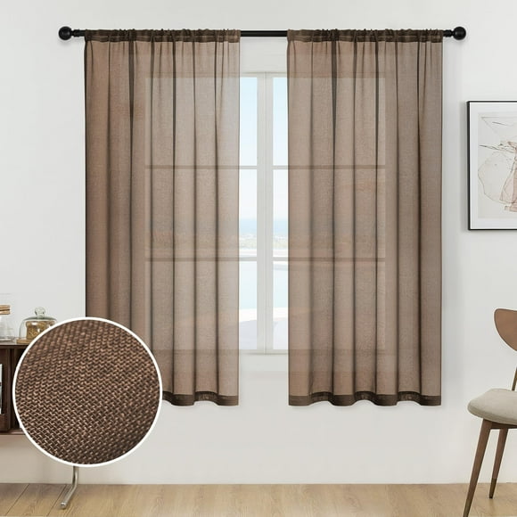 MRTREES Brown Sheer curtains 63 inches Long Living Room curtain Sheers Transparent Bedroom Voile Panels Drapes Rod Pocket Light Filtering Window Treatments 2 Panels