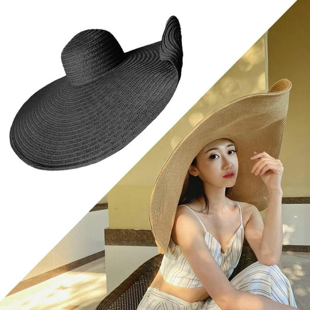 Women Beach Hat Folding Wide Brim Straw Hat Protection Black