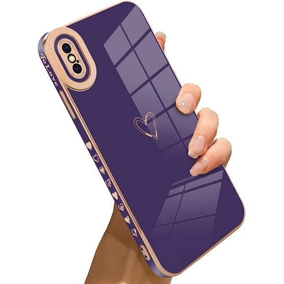 Compatible with iPhone Xs Max Case Love Heart Plating Electroplate Luxury Elegant Case Camera Protector Soft TPU Shockproof Protective Corner Back Cover iPhone Xs Max Case -Purple
