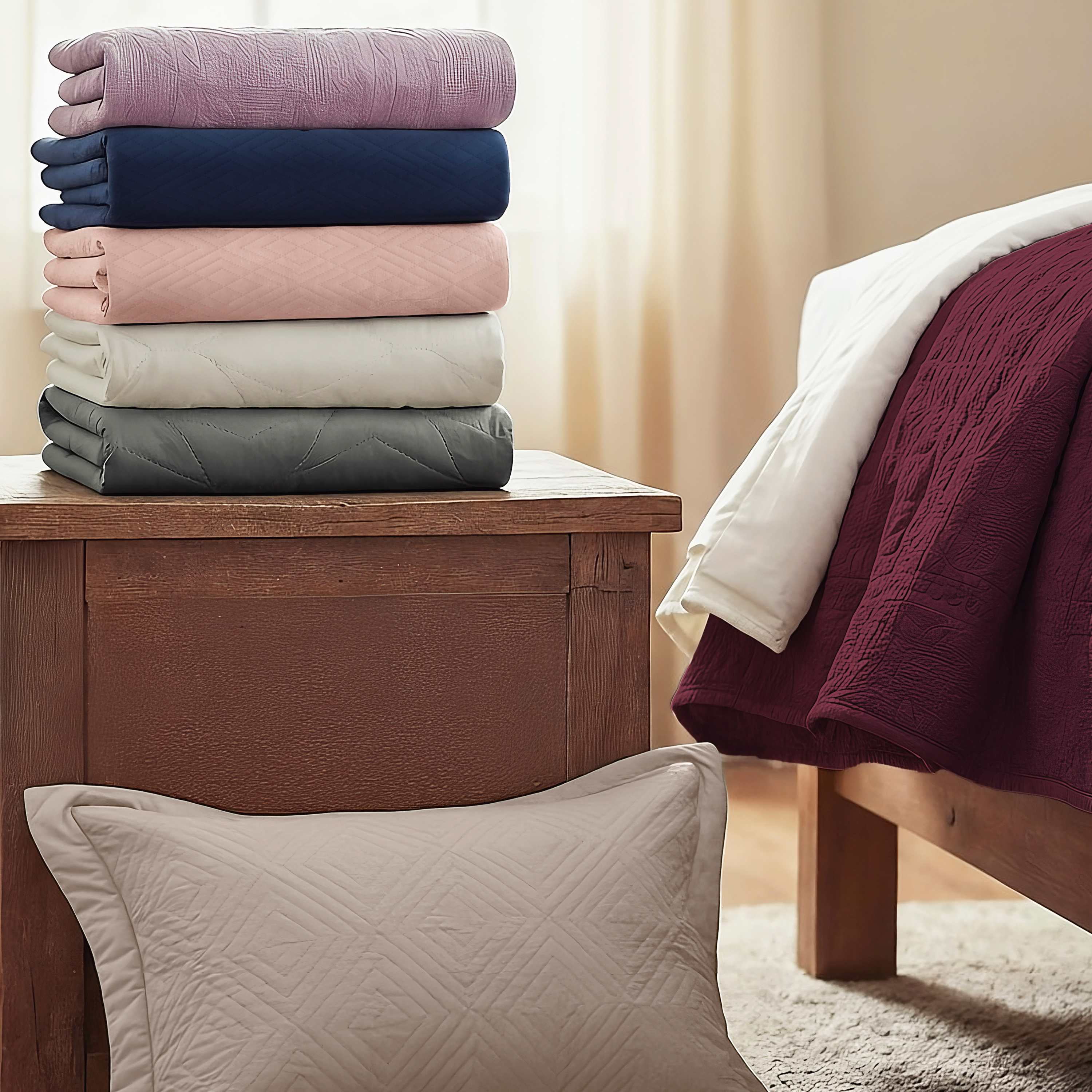 Clara Clark Quilt Sets, 5 Piece Lightweight Reversible Quilt Bedspread, Ellipse Weave Coverlet Bedding Set, Queen Beige Cream