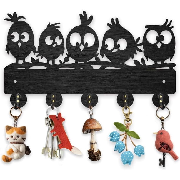 Llavero de pared con forma de pájaro de madera, 30 x 17 cm, organizador de llaves de nido natural, color negro, con 5 ganchos de aleación.