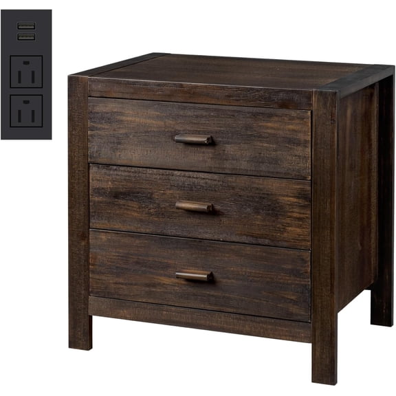 Farmhouse Nightstand with Charging Station, Solid Pine Wood 3 Drawer Night Stands for Bedroom, Bedside Table with 2 USB Ports & 2 AC Outlets, Vintage End Tables, Brown