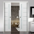 thumbnail image 3 of French Double Pocket Doors 48 x 80 with Frames | Quadro 4088 White Silk with Frosted Opaque Glass | Kit Trims Rail Hardware | Solid Wood Interior Pantry Kitchen Bedroom Sliding Closet Sturdy Door, 3 of 7