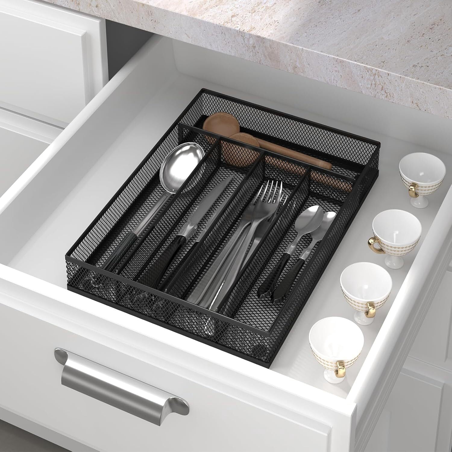 GoXteam Silverware Organizer, Kitchen Drawer Organizer Utensil Organizer Steel Silverware Holder Cutlery Organizer in Drawer Flatware Organizer Tray (5 slots, Black)