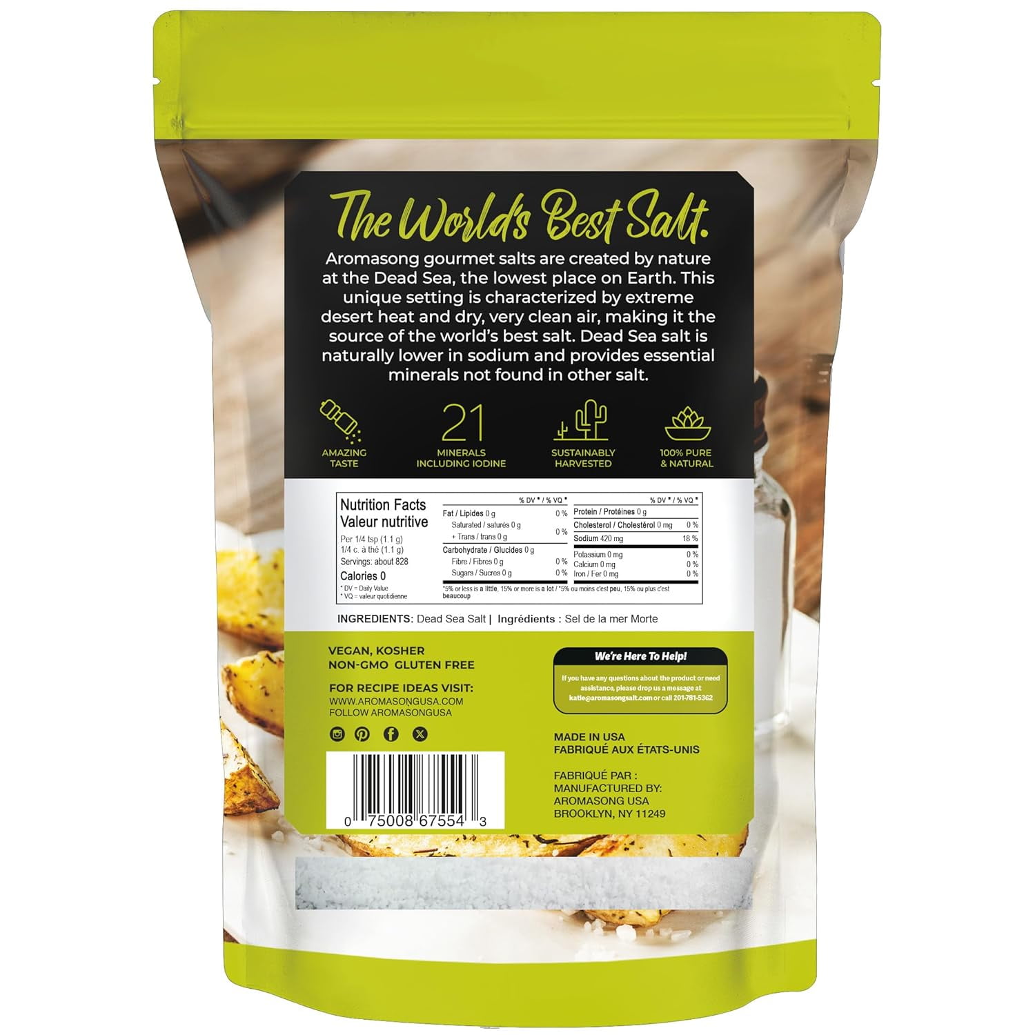 Aromasong Fine Grain Dead Sea Salt, 100% Natural, Bulk 19 lb pack, Non-GMO, Gluten-Free, No Allergens