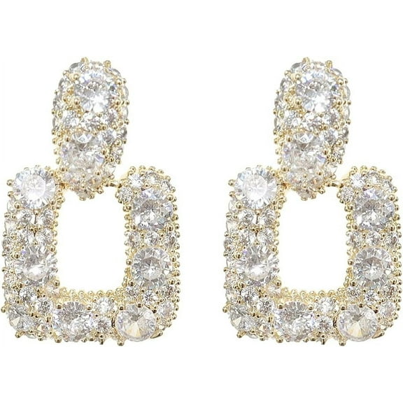 Gold Statement Geometric  Dangle Earrings for Women Fashion Cute Cubic Zirconia Crystal Rhinestone Drop Hoop Earrings - Prom Wedding  Stud Jewelry Bride Gift