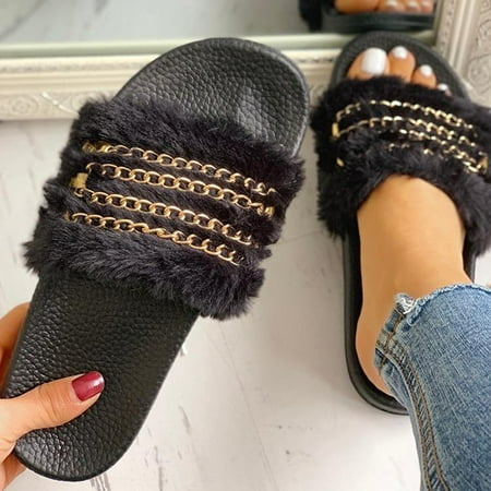 

〖Yilirongyumm〗 Black 39 Slippers For Women Summer Chain Slippers Plush Leisure Women s Chain Multi Sandals Women s Slipper