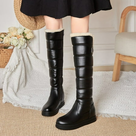 

TIANEK Flat Heel Zip Winter Warm Leather Solid Color Knee-High Thick Cotton Muk Luk Boots For Women