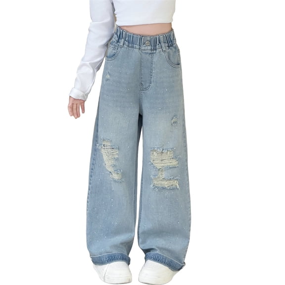 WAYUTE Girls Jeans Distressed with Rhinestone Details Straight Leg Denim Pants for Toddler Kids Fall Casual School Wear