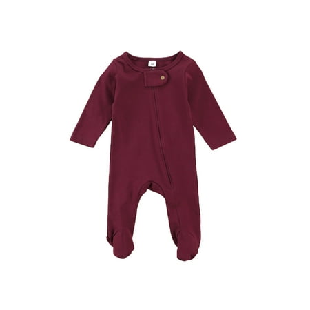 

Canrulo Newborn Baby Girls Boys Footies Romper 6 Colors Solid Long Sleeve Zipper Autumn Winter Jumpsuit Wine Red 0-3 Months