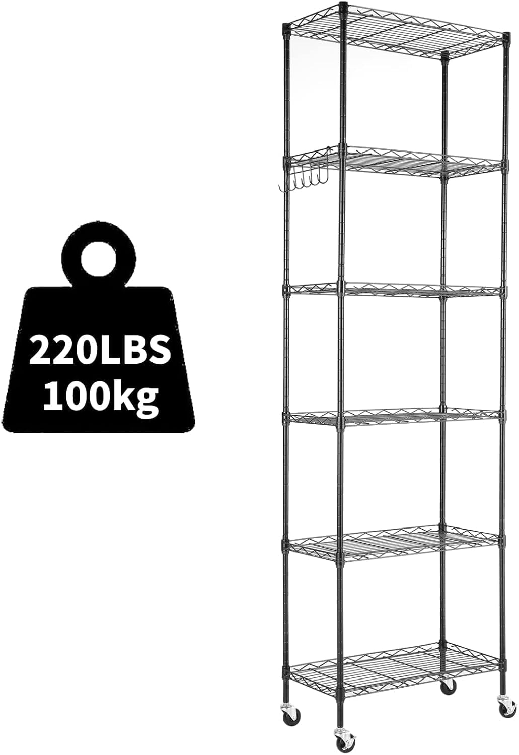 Sailvan 6-Tier 72"H Metal Storage Rack with Wheels, Slim Wire Shelving Unit for Pantry Kitchen Bathroom, Adjustable Shelves with Hooks, 530lbs Cap,Black