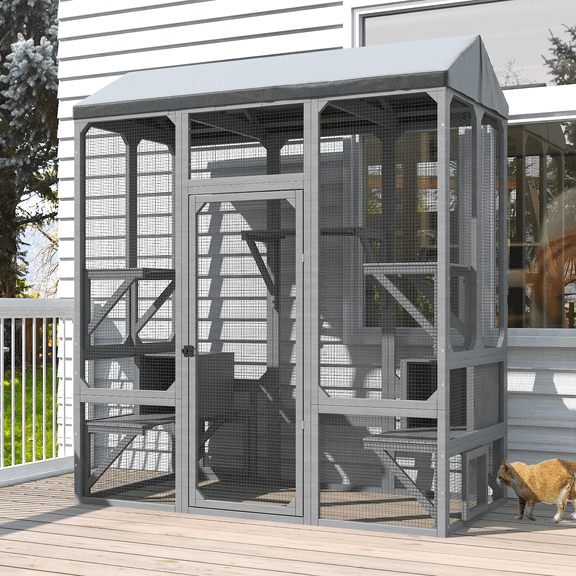 TIMHAKA 72” Catio Outdoor Cat Enclosure, Large Cat Catio for Multiple Cats, Outdoor Cats Enclosure with Waterproof Cover, Gray