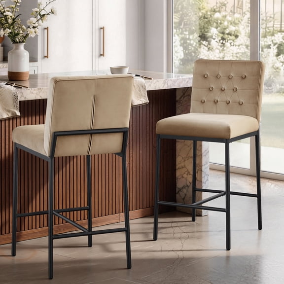 ReNest Modern Tufted Velvet Bar Stools Set of 2, With Black Legs, Toffee
