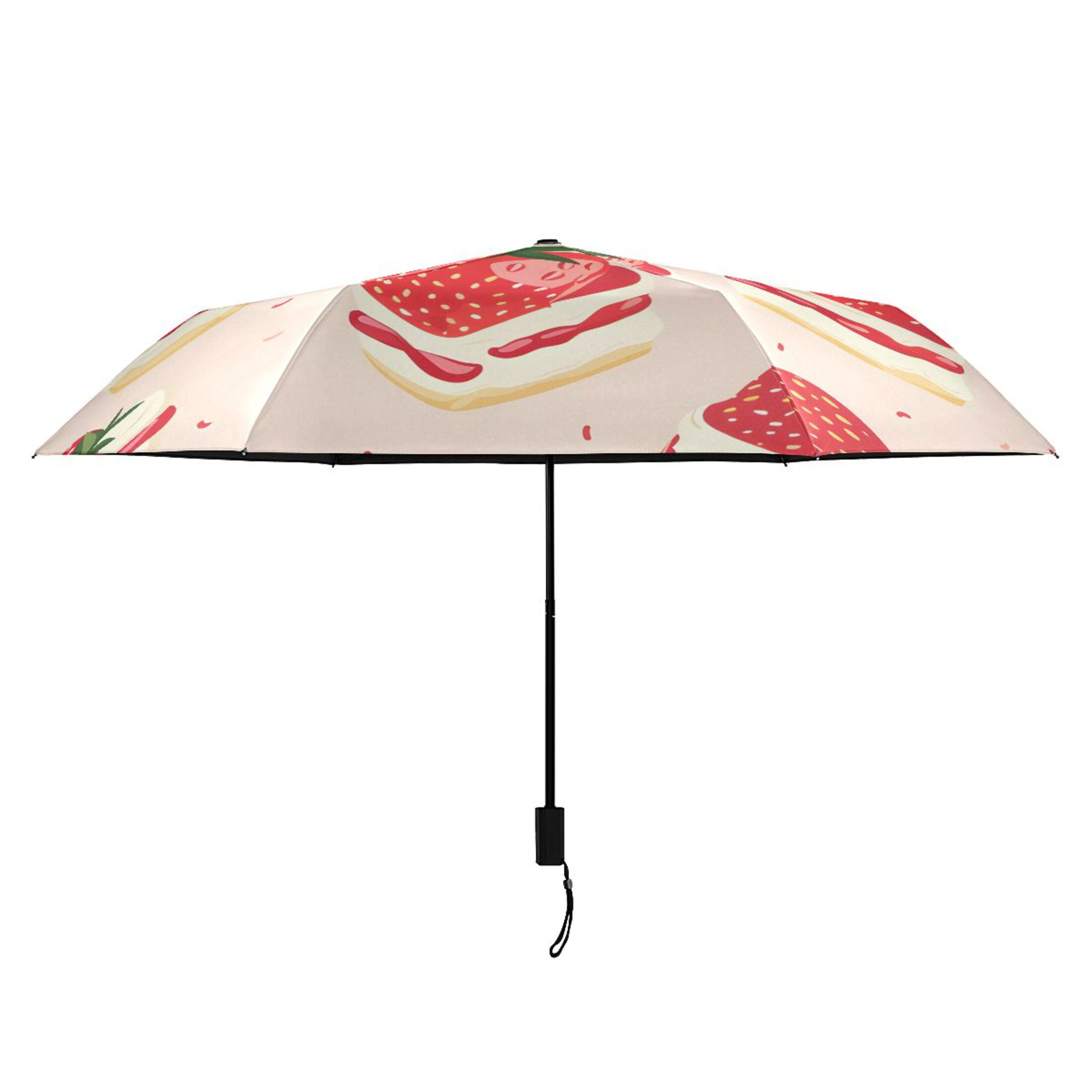 Cute Strawberry Cakes Cartoon All Weather Umbrella Triple Folding Parasol 6 Ribs UV Protection Portable