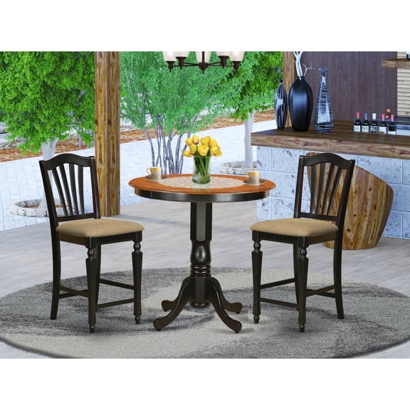 Counter Height Dining Set - 3 Piece Table & Chair Set - Round Pedestal Table - Kitchen Dining Room Furniture