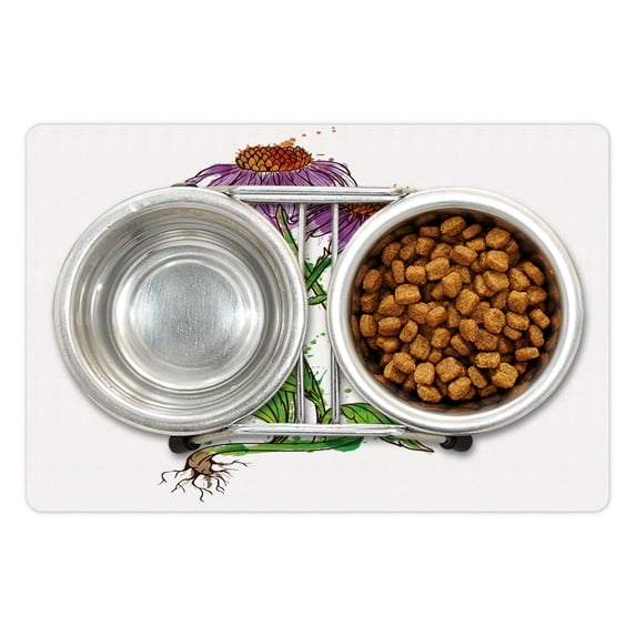 Coneflower Pet Mat for Food and Water, Watercolor Style Inspired Pattern of Echinacea Flowers Paint Splashes, Non-Slip Rubber Mat for Dogs and Cats, 18" X 12", by Ambesonne