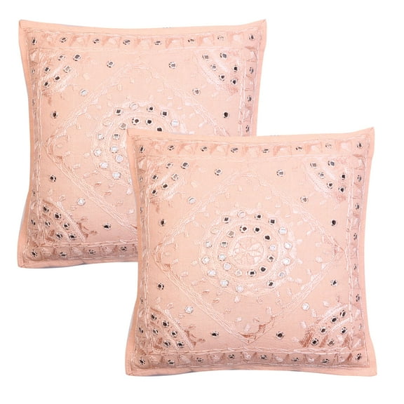 Stylo Culture Ethnic Decorative Throw Pillow Covers 16x16 Hand Embroidered Peach Boho 40 x 40 cm Home Decor Cotton Mirrored Square Cushion Covers | Set Of 2