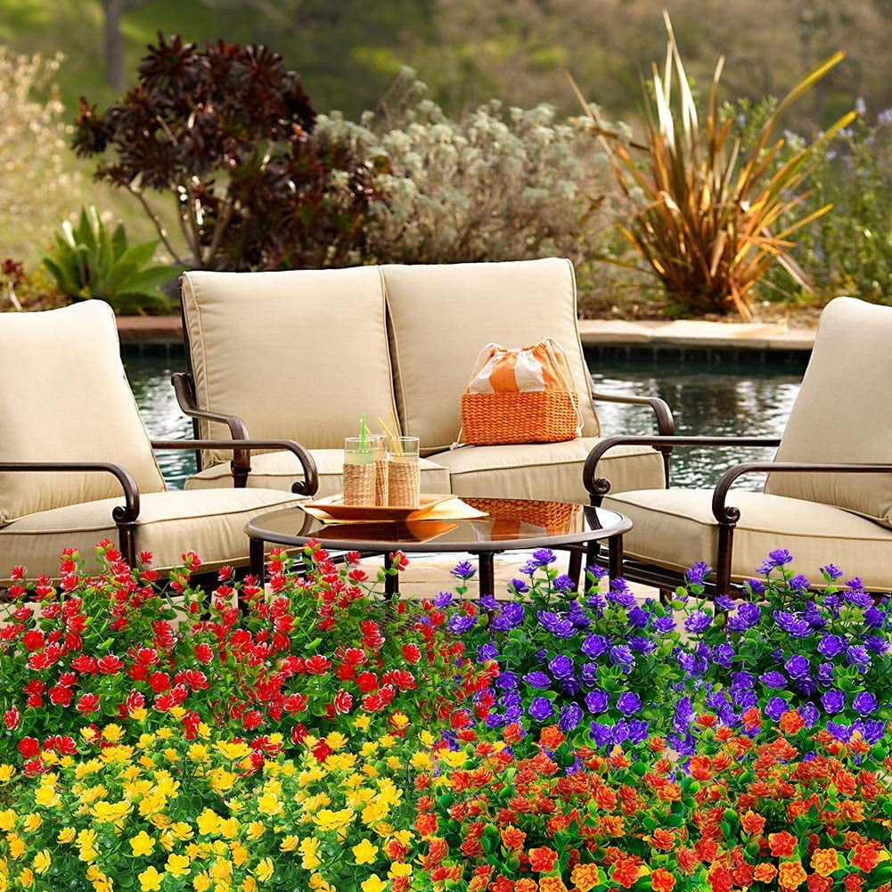 Artificial Flowers, Fake Outdoor UV Resistant Boxwood Shrubs Faux Plastic Greenery Plants for Outside Hanging Planter Patio Yard Wedding Indoor Home Kitchen Farmhouse Decor(Orange Red)