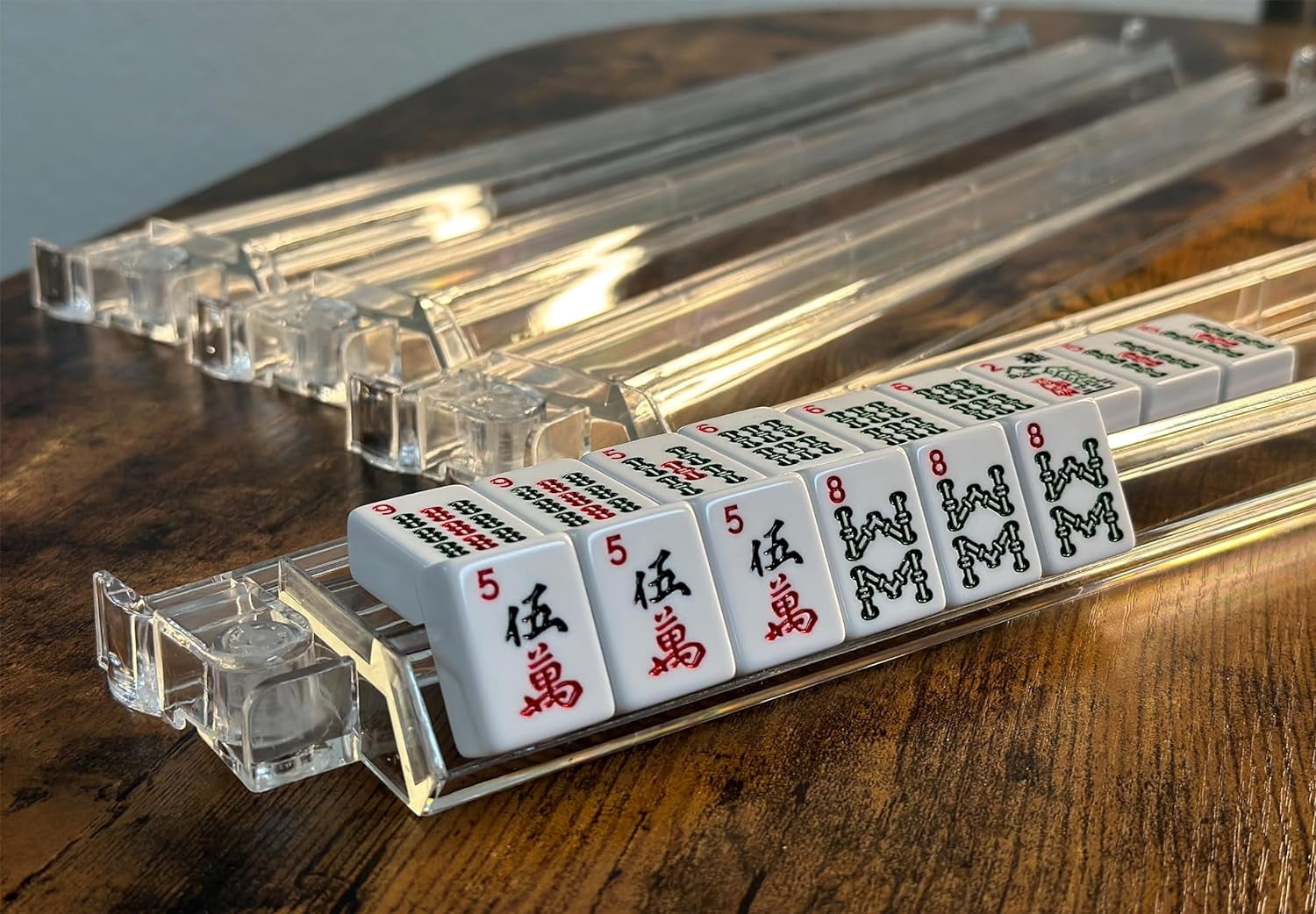 Set of 4 All in one Transparent Mahjong Rack & Pusher Acrylic Mah Jongg Rack Pusher 18" (Clear)