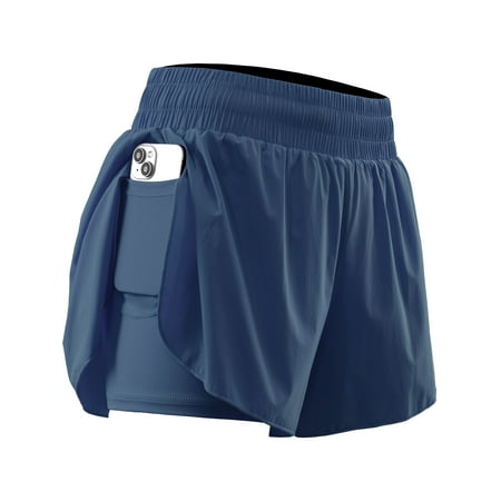 NELEUS Womens 2 in 1 Workout Yoga Shorts for Athletic Gym Running Casual Summer Short with Pocket,Navy Blue,US Size L