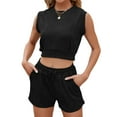 thumbnail image 3 of SLADYGLO Women Irregular Textured Crew Neck Sleeveless Cropped Top Pockets Shorts Suits, 3 of 7