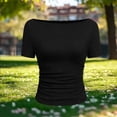 thumbnail image 2 of hoksml Women's Ribbed Boat Neck Elbow Sleeve Top, Side Ruched Slim Fit Crop Shirt for Summer Casual Wear, 2 of 5