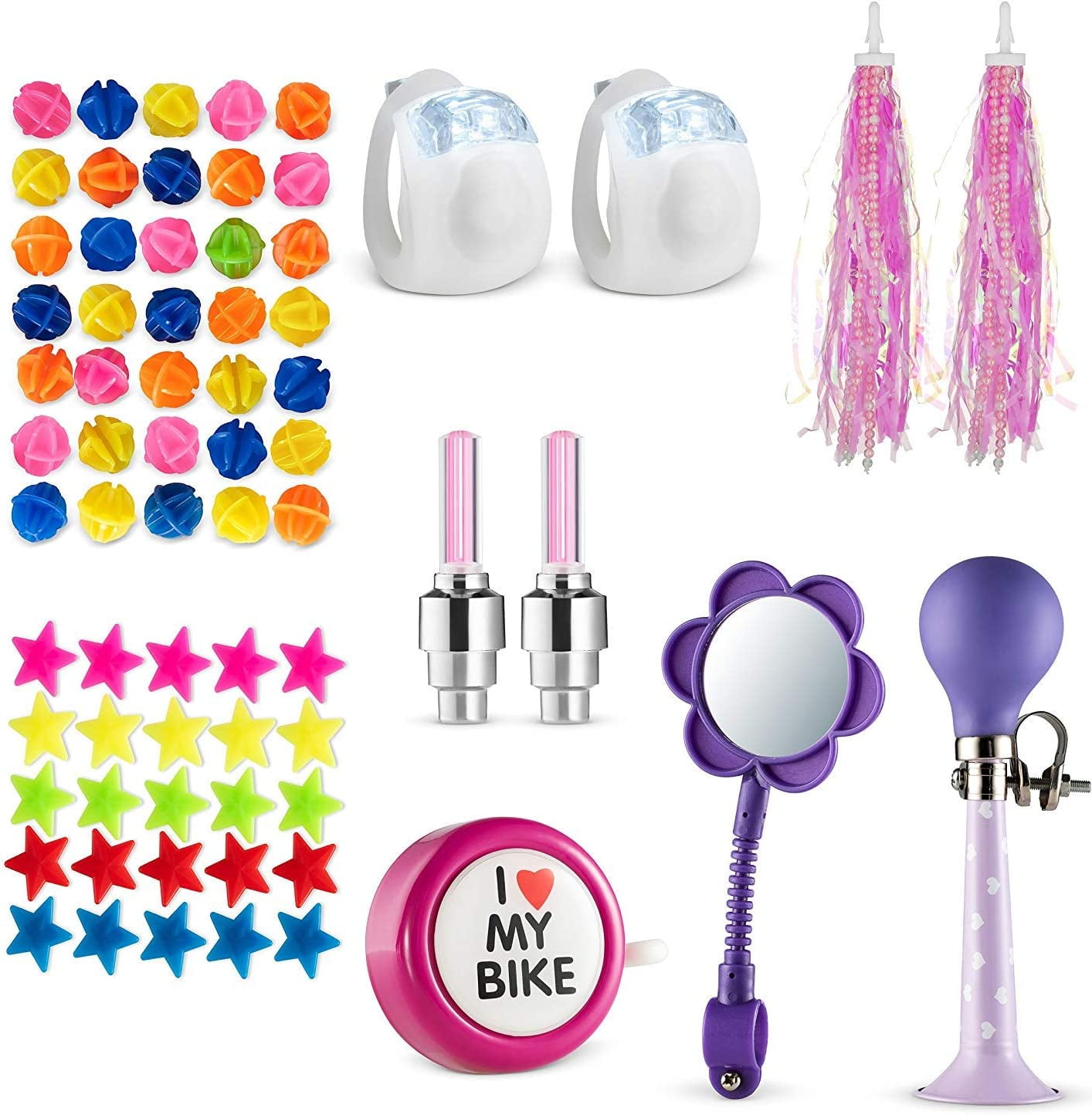 Bike Decoration & Accessories Kit for Kids - Includes Bike Spoke Beads, Bike Mirror, Bike Bell, Bicycle Wheel Lights, Safety Silicone Lights