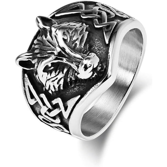 Punk Wolf Stainless Steel Band Ring for Men Women Celtic Knot Vintage Retro Statement Knuckle Middle Rings Comfort Fit Jewelry Gothic Personalized Gift for Valentine's Day Birthday