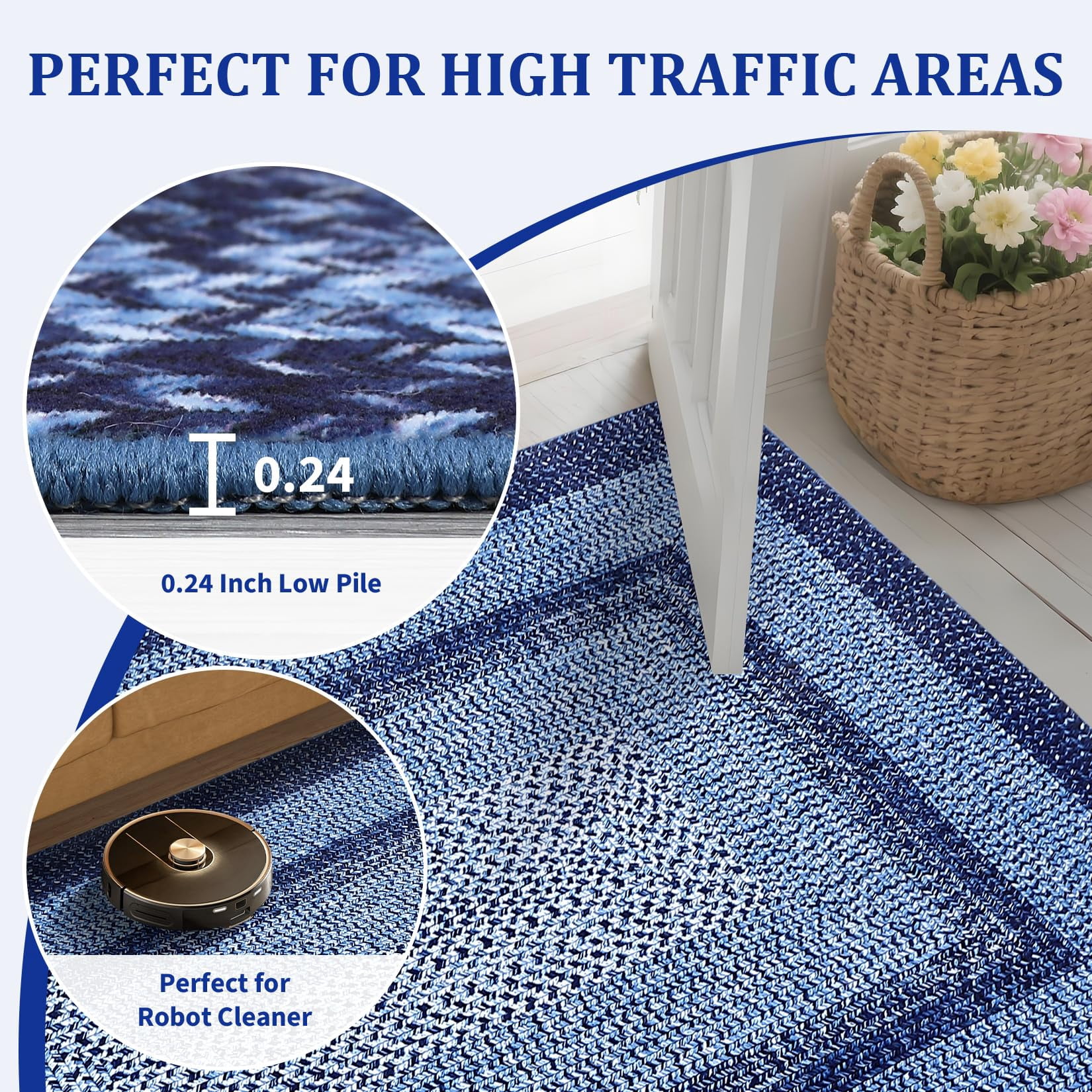 Modern Washable Area Rug 6'x9' Vintage Braided Print Non-Slip Low Pile Carpet for Living Room Bedroom Home Office, Navy Blue