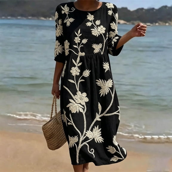 HOMBOM Dresses for Women with Pockets Boho Spring Floral 3/4 Sleeve Crew Neck Ladies A-Line Dress Vacation