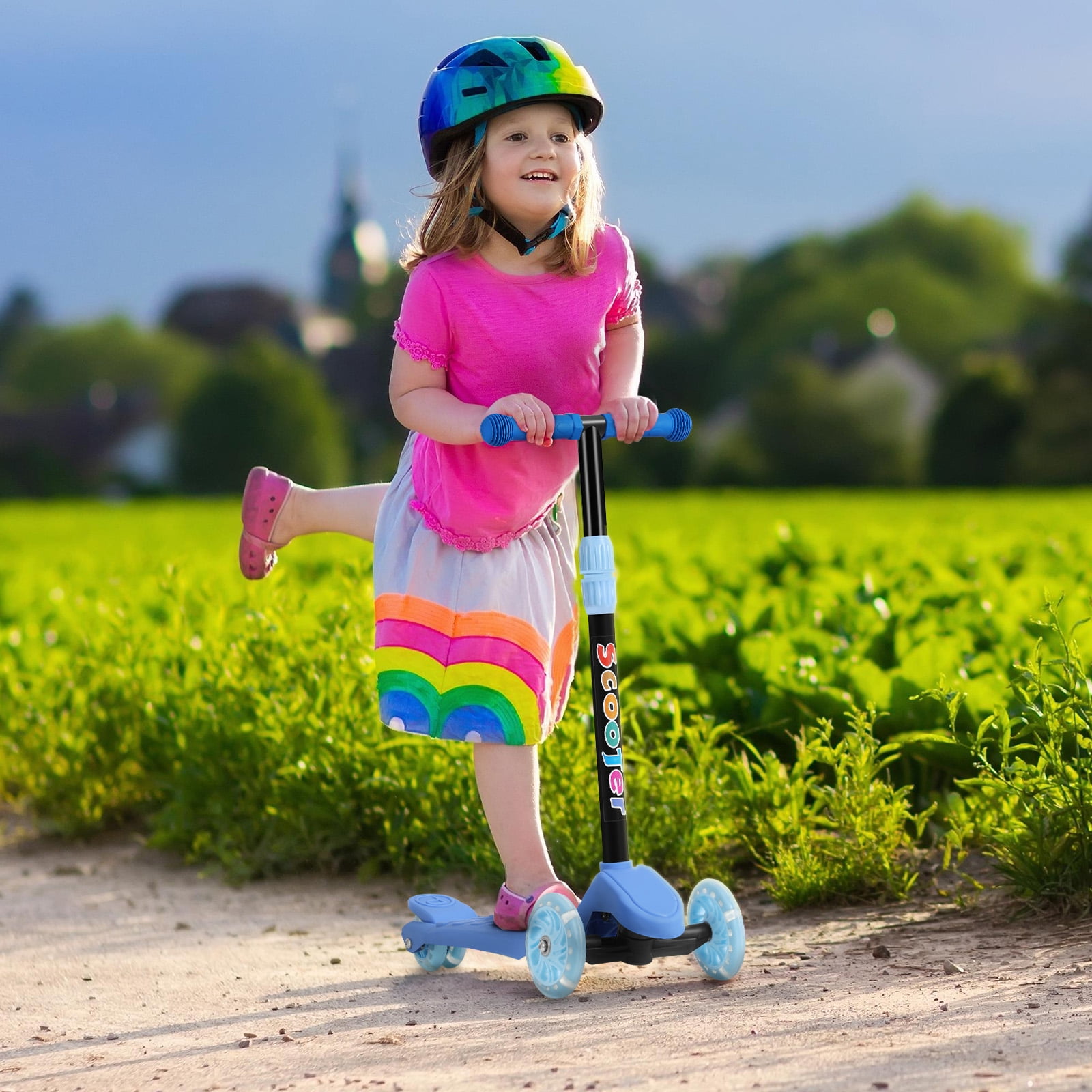 Kids Kick Scooter with Adjustable Height and Light Up Wheels, Light Blue