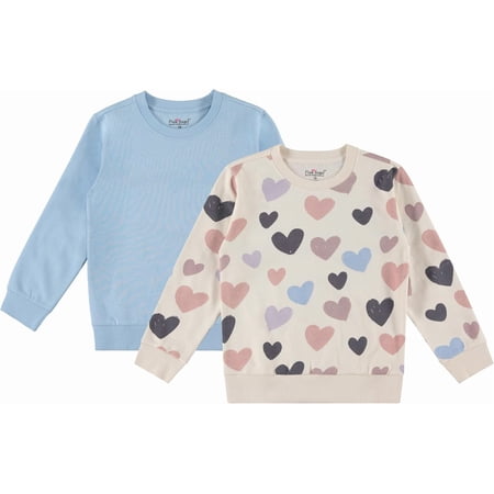Pink Angel 2-Pack Girls Fleece Crewneck Sweatshirts – Soft Cotton Blend Pullover Tops for School, Play, and Layering - Baby Blue and Color Hearts- Size 5/6