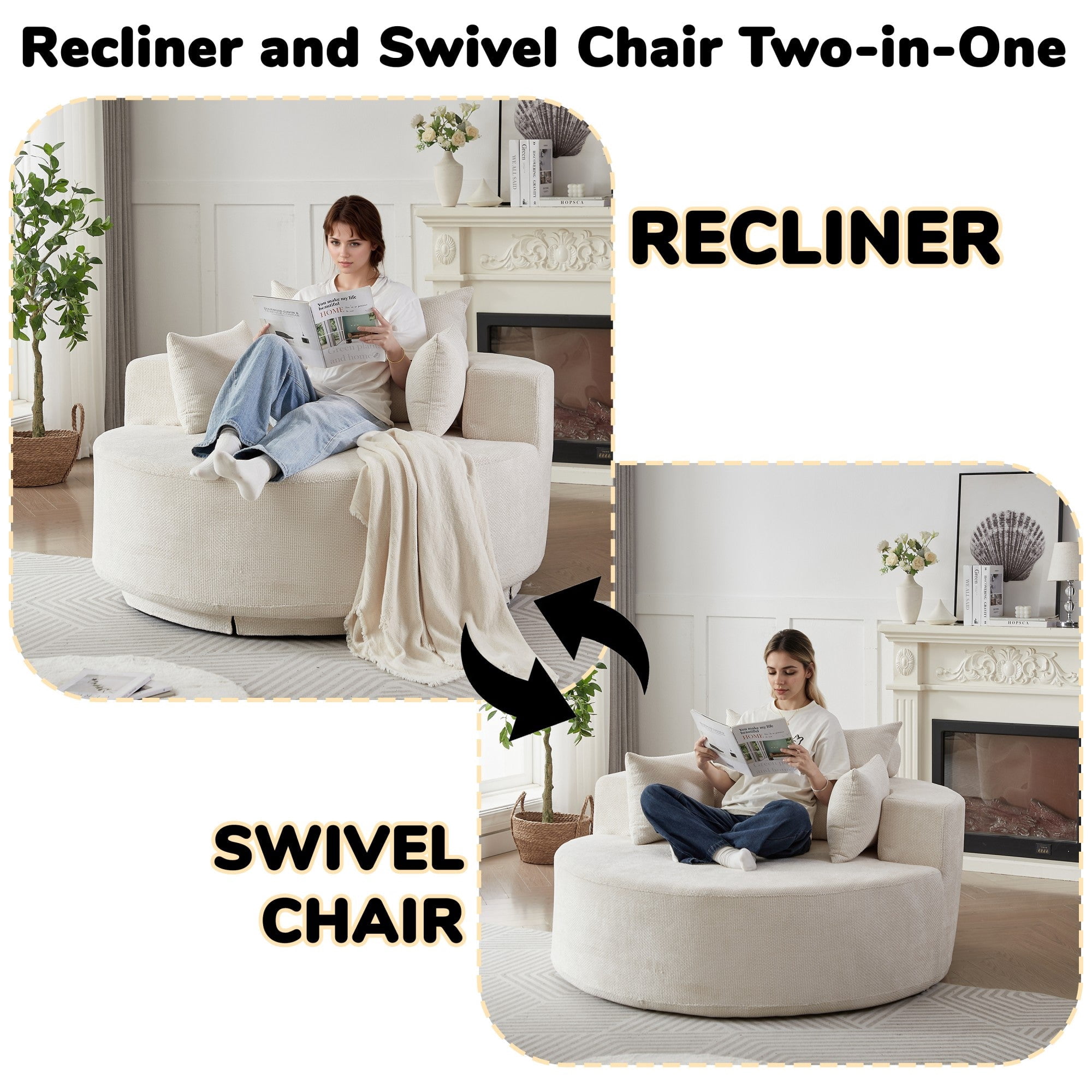 Sailvan 55" Chenille Fabric Swivel Chair, Modern Round Sleeper Sofa with 360 Degree Rotation, Fluffy Foam Lounge Chair for Living Room Beige