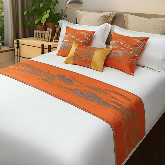 Luxury Bed Runner & Scarves，Landscape Jacquard Design Bed Runner,Elegant Bedding, Bed Room Decorative and Hotel Wedding Room Guestroom，Blue (Waist Pillowcase（11.8x19.7in）, Orange)