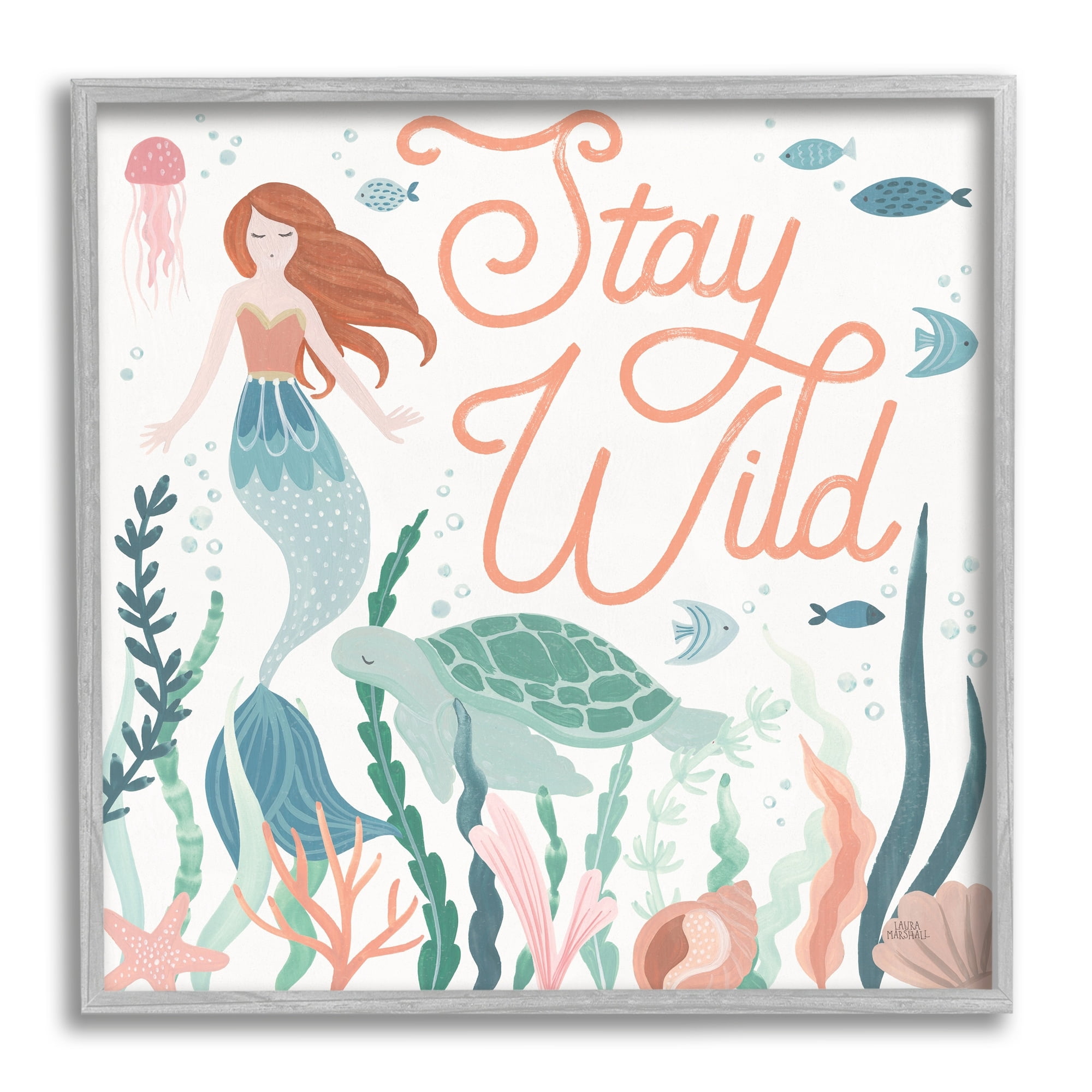 Stupell Industries Stay Wild Phrase Children's Seafloor Mermaid Tortoise, 24 x 24,Design by Laura Marshall