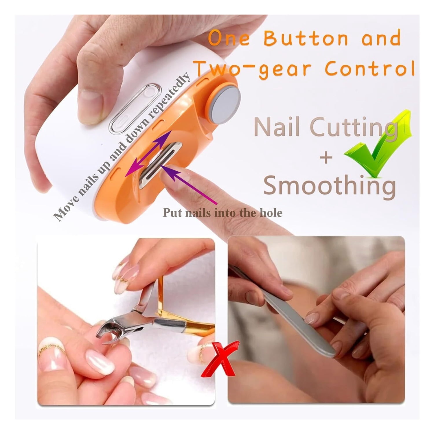 Automatic Nail Clipper, 3 in 1 Electric Nail Trimmer with Polisher & Light, Portable Fingernail Cutter Grinder with Scrap Storage, Rechargeable Safety Manicure for Caregiver, Senior, Kid (Orange)