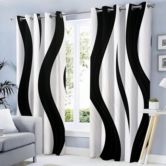 Simple Wavy Lines Blackout Curtains For Bedroom Living Room Black And White Abstract Geometry Patterned Room Darkening Thermal Grommet Window Treatments Drapes-52"W x 63"L (Pack of 2)