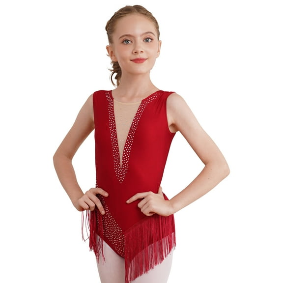 DPOIS Kids Girls Rhythmic Gymnastics Leotard Shiny Rhinestone Fringed Bodysuit Burgundy 16