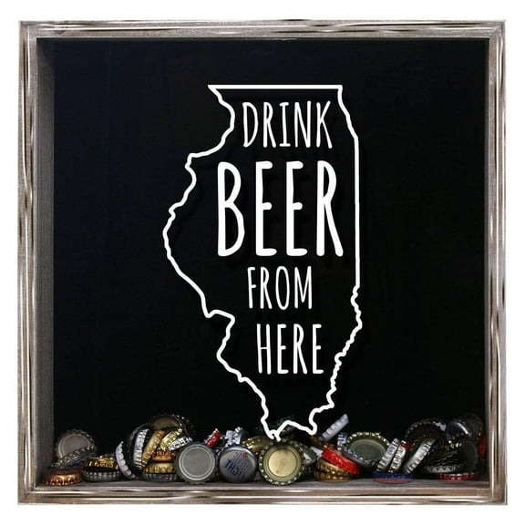 TORCHED Illinois Drink Beer From Here Beer Cap Shadow Box 14"x14"x5" | Wall Mount Decor | Gray