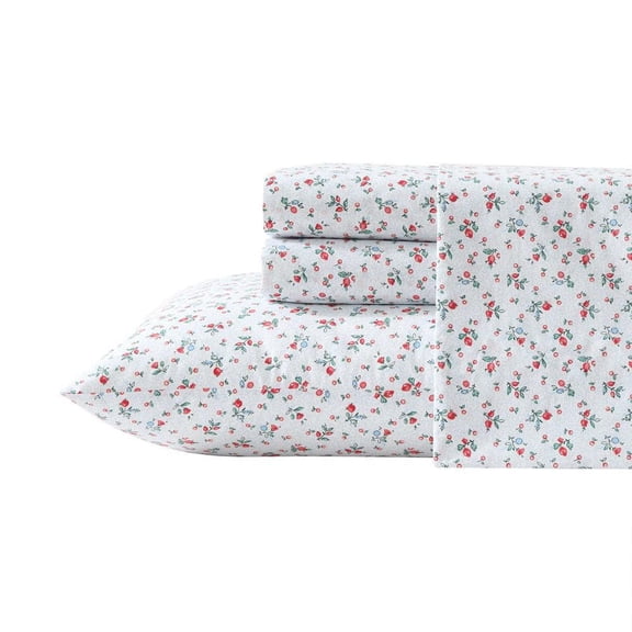 Aylesmore Ditsy Floral 4-Piece Red/Light Blue Percale Cotton Queen Sheet Set