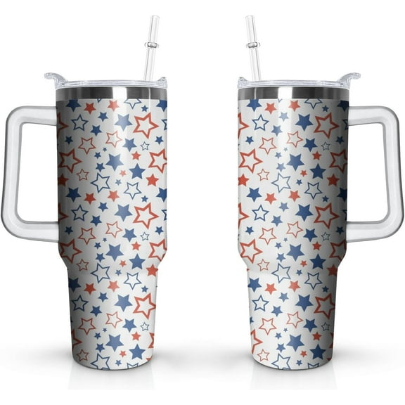 4th of July 40oz Tumbler Cup with Handle and Straw, Red and Blue Stars Gifts for Women Men, Patriotic Stainless Steel Insulated Water Bottle 1PC