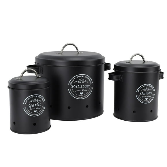 Set of 3 Storage Tins for Potatoes,Metal Food Bin Container Pots with Lids Antique Vintage Potato Onion Garlic Kitchen Storage Canisters Jars Pots Containers for Kitchen