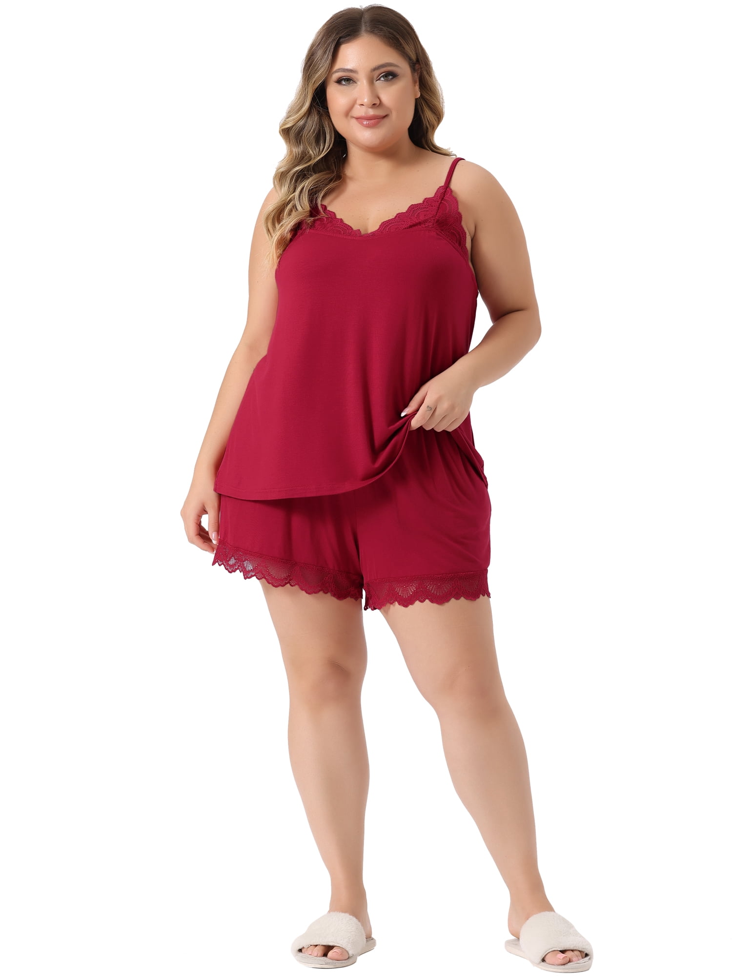 Unique Bargains Women's Plus Size Sleepwear Pajamas Lingerie Cami Shorts Nightwear Set 2X Red