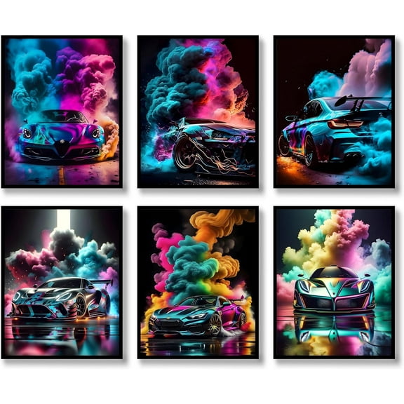 Graffiti Wall Art Prints Set of 6 Cool Car Posters Fashion Colorful Canvas Modern Supercar Aesthetic Watercolor Wall Decor Cool Street Pop Art Painting for Living Room Bedroom 8x10in Unframed