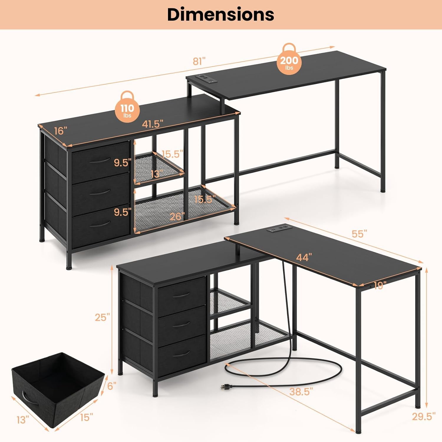 HJTER L Shaped Computer Desk with Drawers, 81" Convertible Corner Desk with Charging Station and Storage Shelves, Study Writing Desk, Modern Long Corner Gaming Table for Home Office (Black)