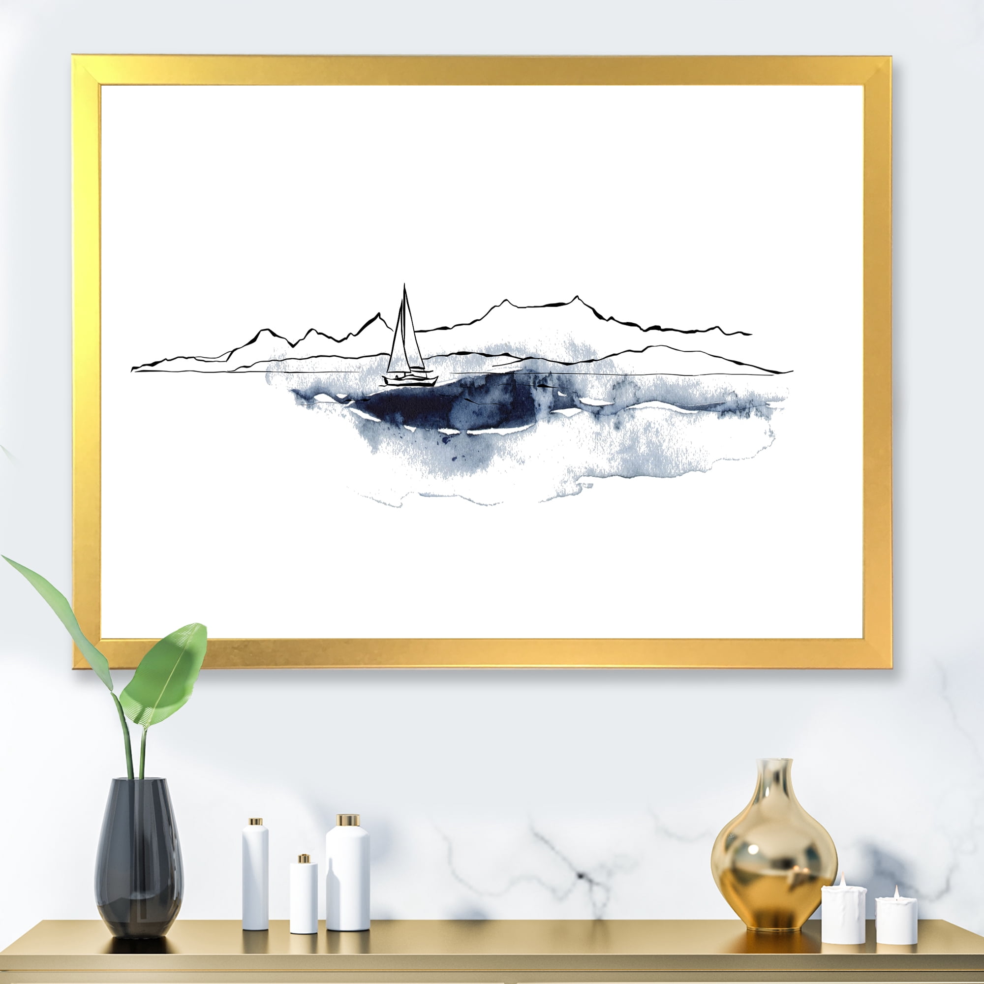 Designart 'Minimalistic Seascape With Boat and Black Mountains' Nautical & Coastal Framed Art Print