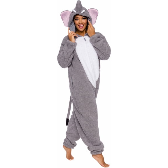 Sherpa Elephant One Piece - Plush Adult Animal Costume Jumpsuit by FUNZIEZ! (Gray, Large)